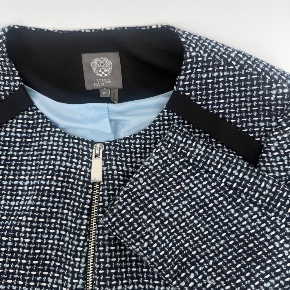 Vince Camuto Tweed Zip Front Blazer Jacket Womens Size 10 Black White Blue NWOT